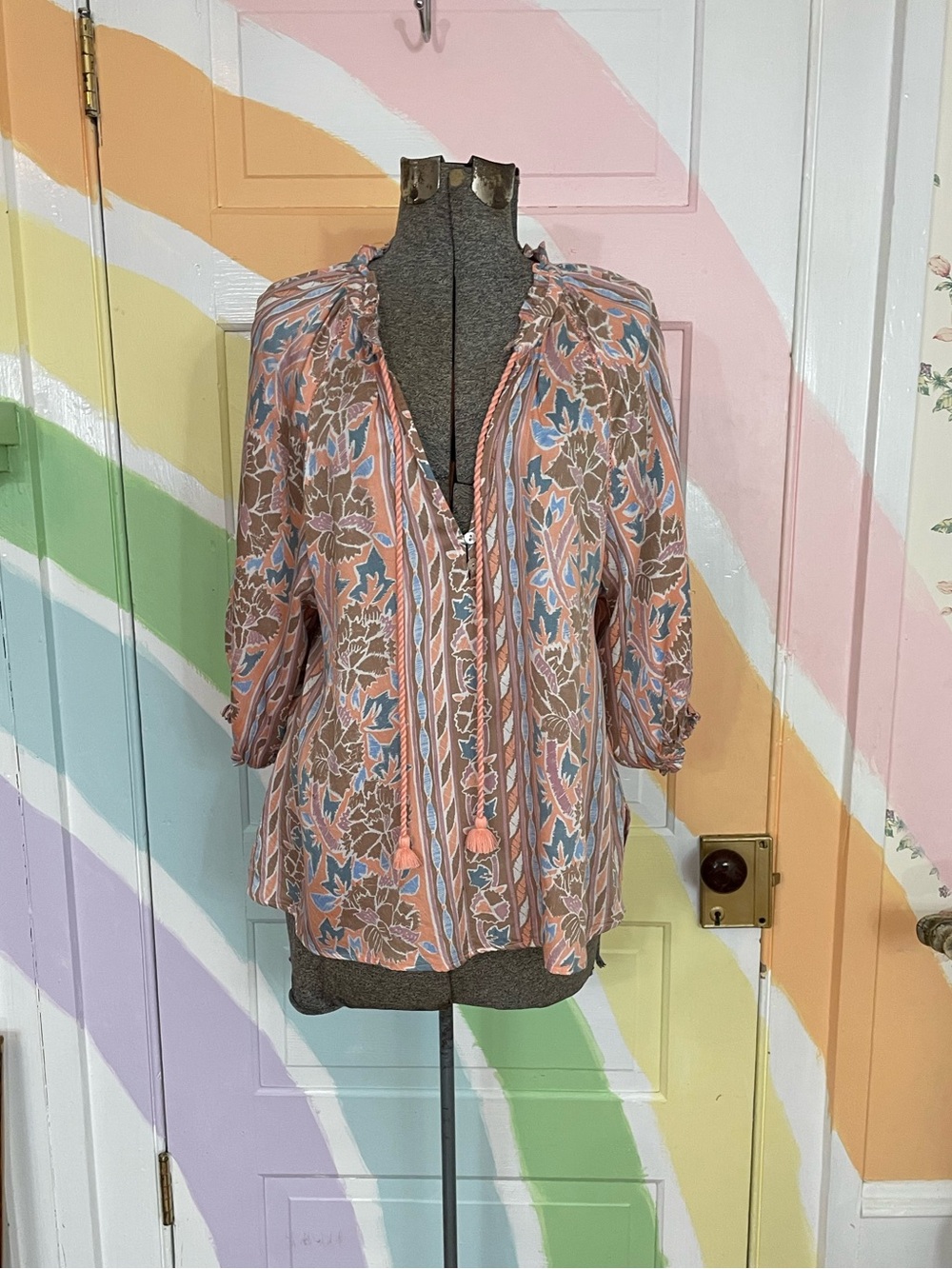 Omika Cala Blouse in Nitara Peach Peasant Boho Tassel Sz M 💛🎀